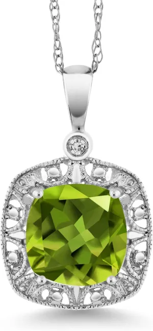 Gem Stone King 10K White Gold Cushion Green Peridot and Diamond Accent Pendant Necklace For Women | 2.45 Cttw | Gemstone Birthstone | 8MM Center | Fine Jewelry Gifts for Her Mom Women Wife