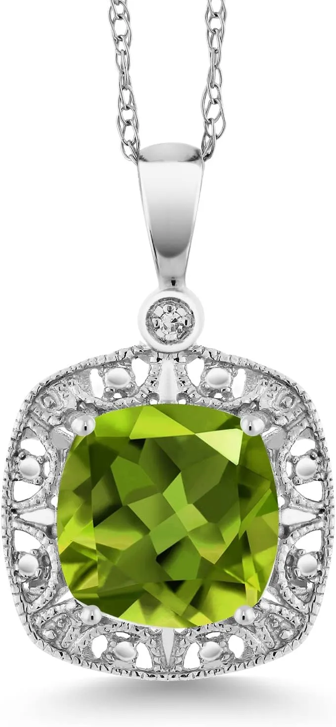 Gem Stone King 10K White Gold Cushion Green Peridot and Diamond Accent Pendant Necklace For Women | 2.45 Cttw | Gemstone Birthstone | 8MM Center | Fine Jewelry Gifts for Her Mom Women Wife