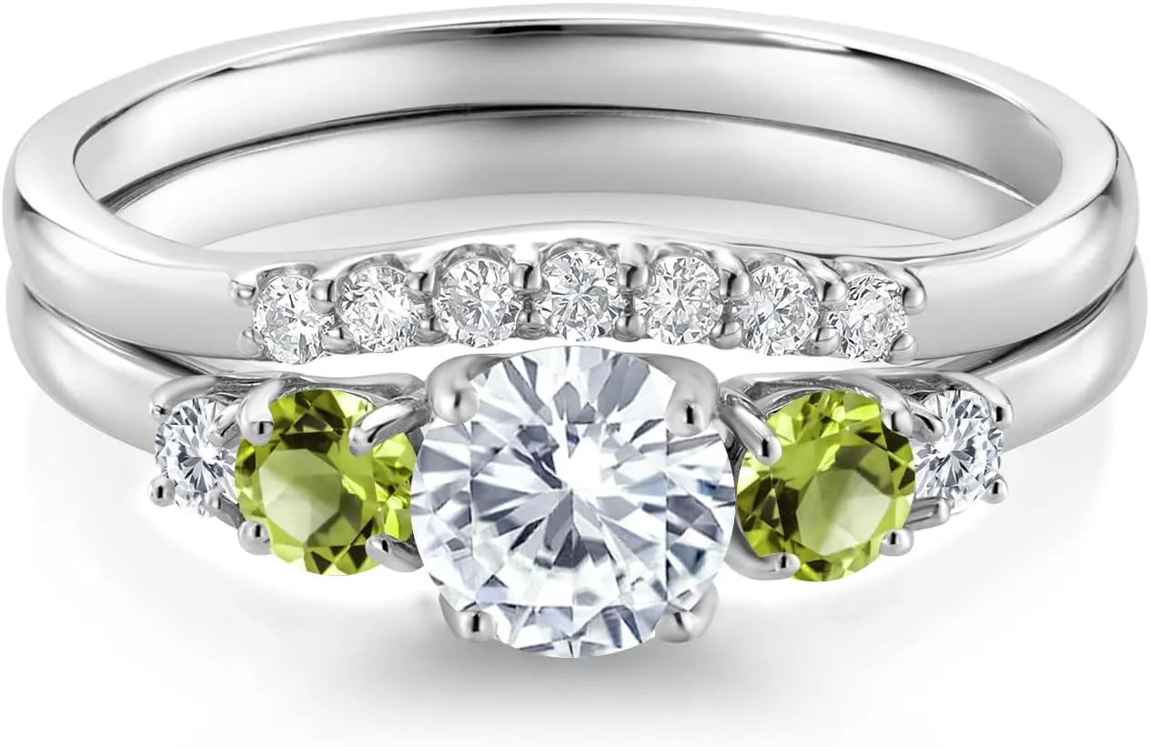 Gem Stone King 10K White Gold White Lab Grown Diamond and Green Peridot 5 Stone Bridal Engagement Wedding Ring Set For Women (0.85 Cttw, Round: 5MM and 3MM, Available in Size 5,6,7,8,9)