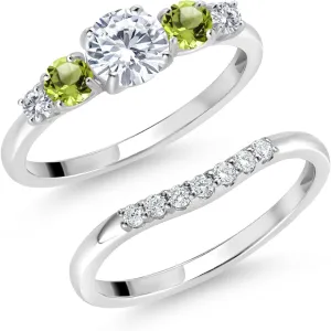Gem Stone King 10K White Gold White Lab Grown Diamond and Green Peridot 5 Stone Bridal Engagement Wedding Ring Set For Women (0.85 Cttw, Round: 5MM and 3MM, Available in Size 5,6,7,8,9)