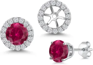 Gem Stone King 14K White Gold Customized and Personalized Round 6MM Gemstone Birthstone and White Lab Grown Diamond Removable Jacket Stud Halo Earrings for Women