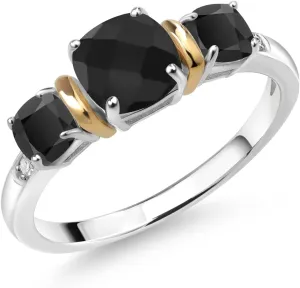 Gem Stone King 1.50 Cttw Cushion Checkerboard Black Onyx and Diamond 925 Silver and 10K Yellow Gold 3-Stone Ring For Women | 6MM and 4MM Cushion | Available In Size 5, 6, 7, 8, 9