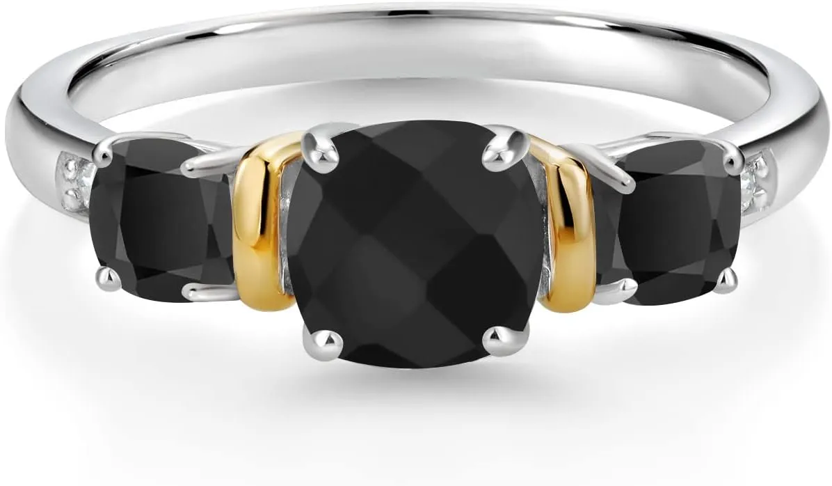 Gem Stone King 1.50 Cttw Cushion Checkerboard Black Onyx and Diamond 925 Silver and 10K Yellow Gold 3-Stone Ring For Women | 6MM and 4MM Cushion | Available In Size 5, 6, 7, 8, 9