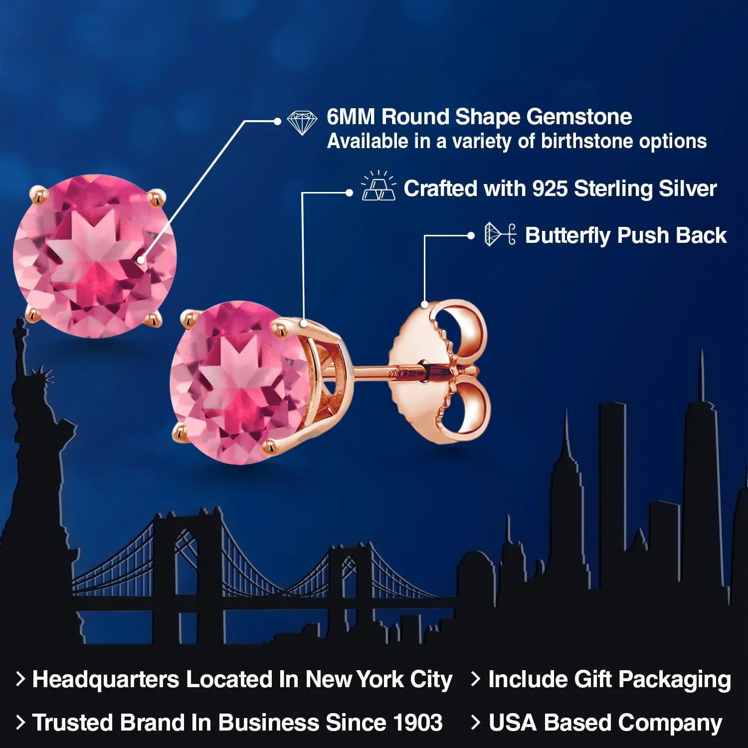 Gem Stone King 18K Rose Gold Plated Silver 6MM Round Gemstone Birthstone Stud Earrings | Rose Gold Earrings For Women Men