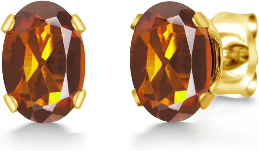 Gem Stone King 18K Yellow Gold Plated Silver Orange Red Madeira Citrine Stud Earrings For Women Men | 0.80 Cttw | Gemstone November Birthstone | Oval 6X4MM