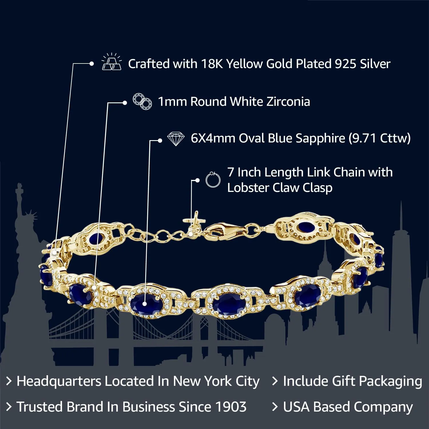 Gem Stone King 18K Yellow Gold Plated Silver Oval Gemstone Birthstone Tennis Bracelet For Women | Oval 6X4MM | 7 Inch With 1 Inch Extender | Fine Jewelry Gifts for Her Mom Women Wife
