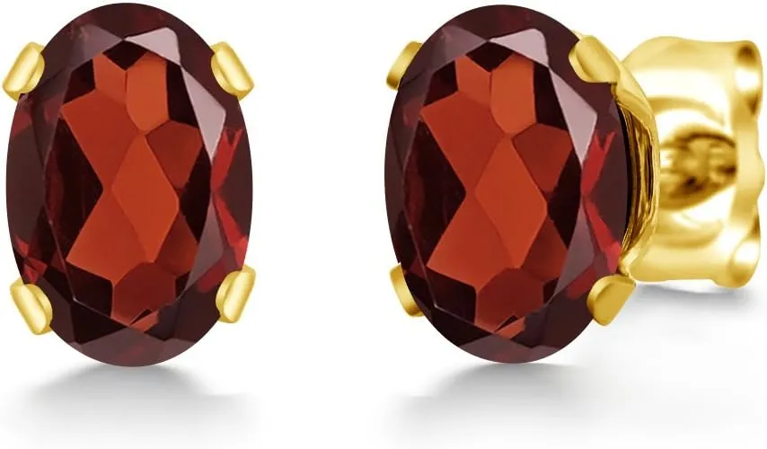 Gem Stone King 18K Yellow Gold Plated Silver Red Garnet Stud Earrings For Women Men | 1.10 Cttw | Gemstone January Birthstone | Oval 6X4MM