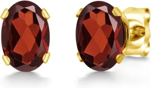Gem Stone King 18K Yellow Gold Plated Silver Red Garnet Stud Earrings For Women Men | 1.10 Cttw | Gemstone January Birthstone | Oval 6X4MM
