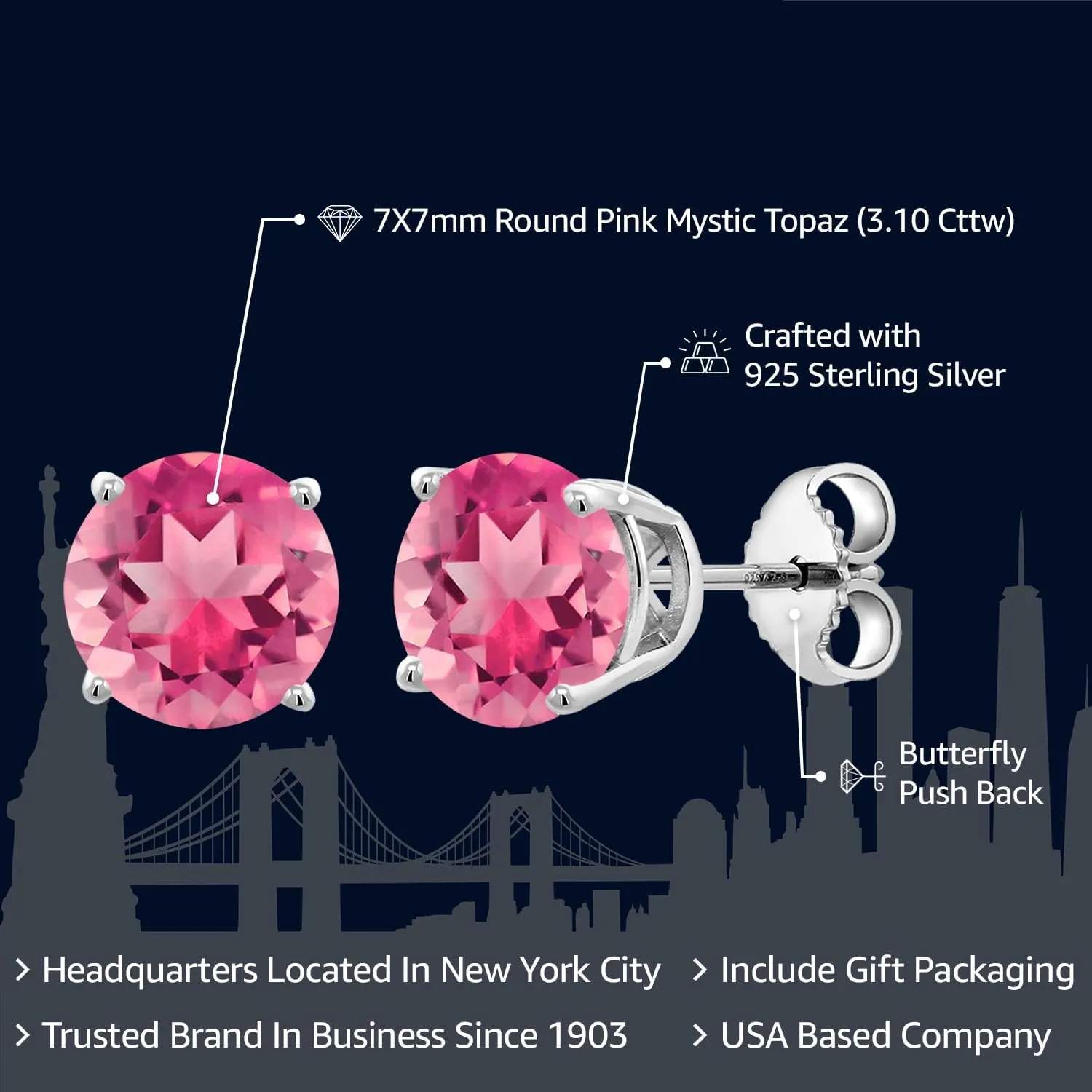 Gem Stone King 2-4 Cttw Round Gemstone Birthstone Stud Earrings For Women Men | 925 Sterling Silver | Round 7MM | Fine Jewelry Gifts for Her Mom Women Wife Men
