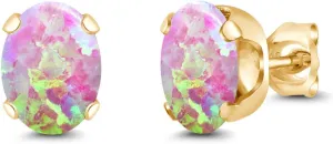 Gem Stone King 2.10 Cttw 8X6MM Oval Cabochon Pink Simulated Opal 18K Yellow Gold Plated Silver Stud Earrings for Women