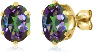 Gem Stone King 3.20 Cttw 8X6MM Green Mystic Topaz 18K Yellow Gold Plated Silver Stud Earrings For Women