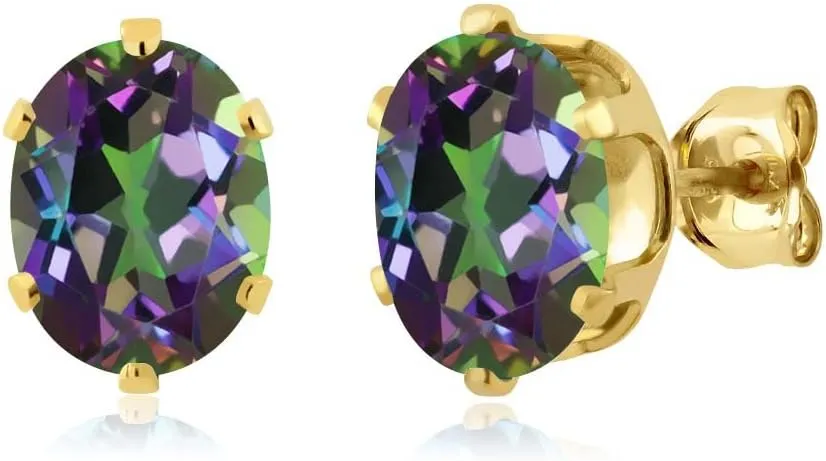 Gem Stone King 3.20 Cttw 8X6MM Green Mystic Topaz 18K Yellow Gold Plated Silver Stud Earrings For Women
