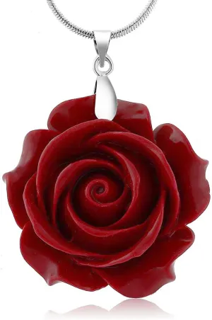 Gem Stone King 35MM Red Simulated Coral Carved Rose Flower Pendant With 16 Inch   2 Inch Extender Chain