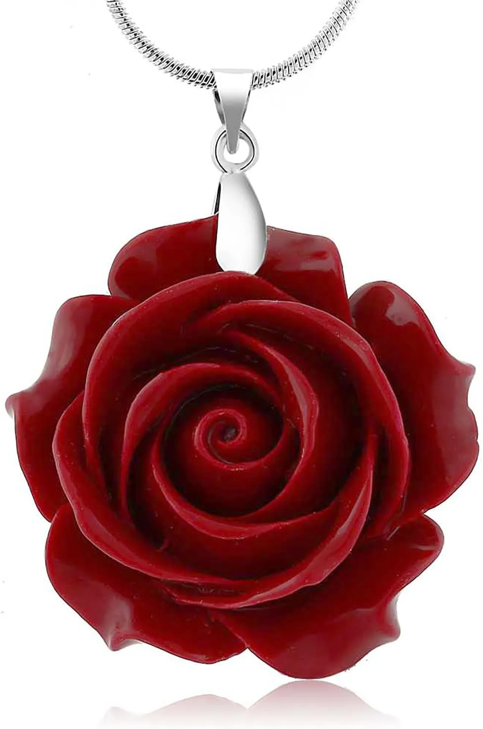 Gem Stone King 35MM Red Simulated Coral Carved Rose Flower Pendant With 16 Inch   2 Inch Extender Chain