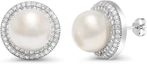 Gem Stone King 925 Sterling Silver 9MM Cultured Freshwater Pearl Button Stud Earrings For Women | Fine Jewelry Gifts for Her Mom Women Wife