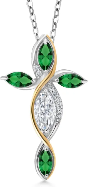 Gem Stone King Cross Necklace For Women In 925 Silver and 10K Yellow Gold with White Moissanite and Green Nano Emerald | 1.32 Cttw | Jesus Christian Religious Crucifix | Marquise 8X4MM | 18 Inch Chain