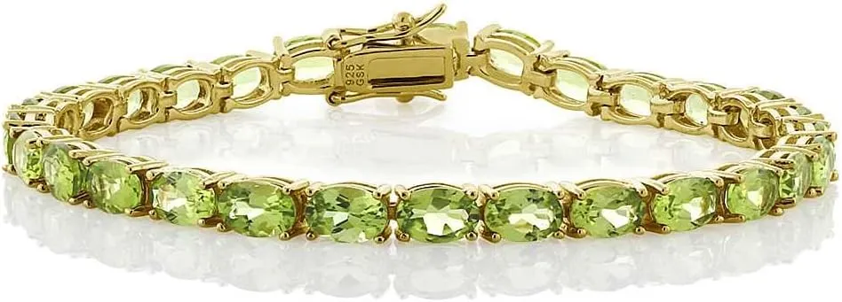 Gem Stone King Green Peridot Tennis Bracelet For Women | 925 Sterling Silver | 12.00 Cttw | Gemstone Birthstone | Oval 6X4MM | Length - 7 Inch | Fine Jewelry Gifts for Her Mom Women Wife