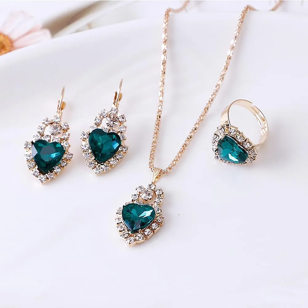 GIGB PBDK Bridal Heart Necklace Earring Ring Jewelry Set for Women Wedding Prom Vintage Rhinestone Flower Choker Crystal Dangle Statement Earrings Bridesmaid Dresses Accessories Gifts