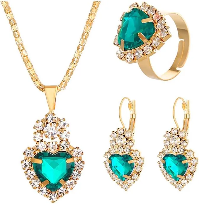 GIGB PBDK Bridal Heart Necklace Earring Ring Jewelry Set for Women Wedding Prom Vintage Rhinestone Flower Choker Crystal Dangle Statement Earrings Bridesmaid Dresses Accessories Gifts