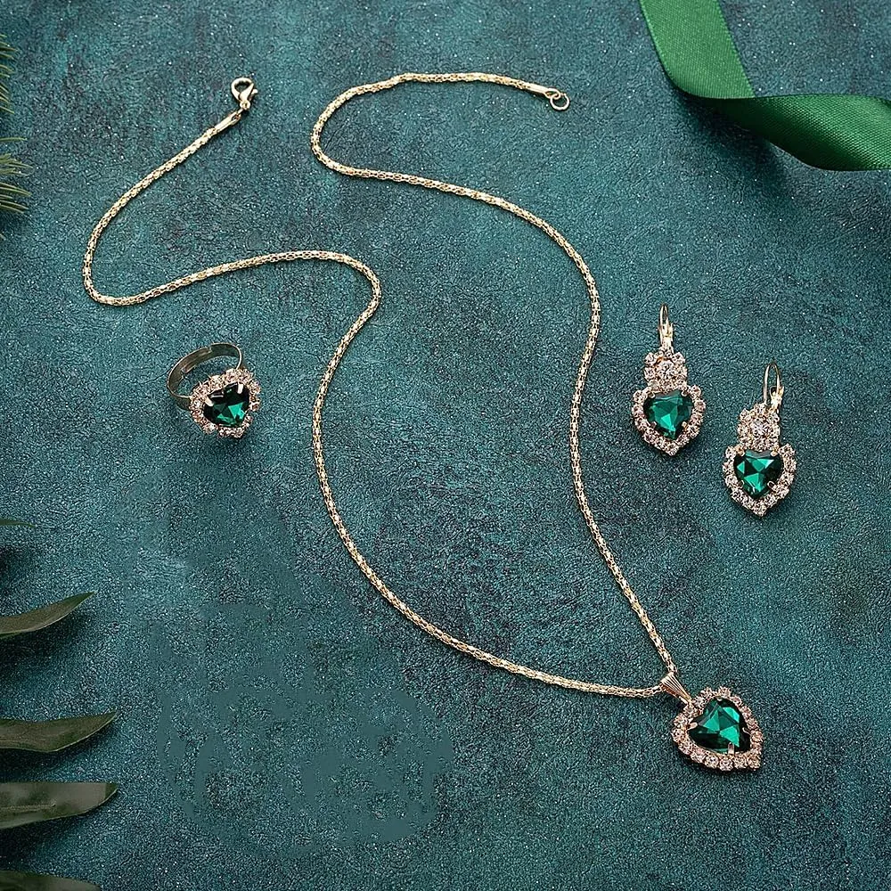 GIGB PBDK Bridal Heart Necklace Earring Ring Jewelry Set for Women Wedding Prom Vintage Rhinestone Flower Choker Crystal Dangle Statement Earrings Bridesmaid Dresses Accessories Gifts