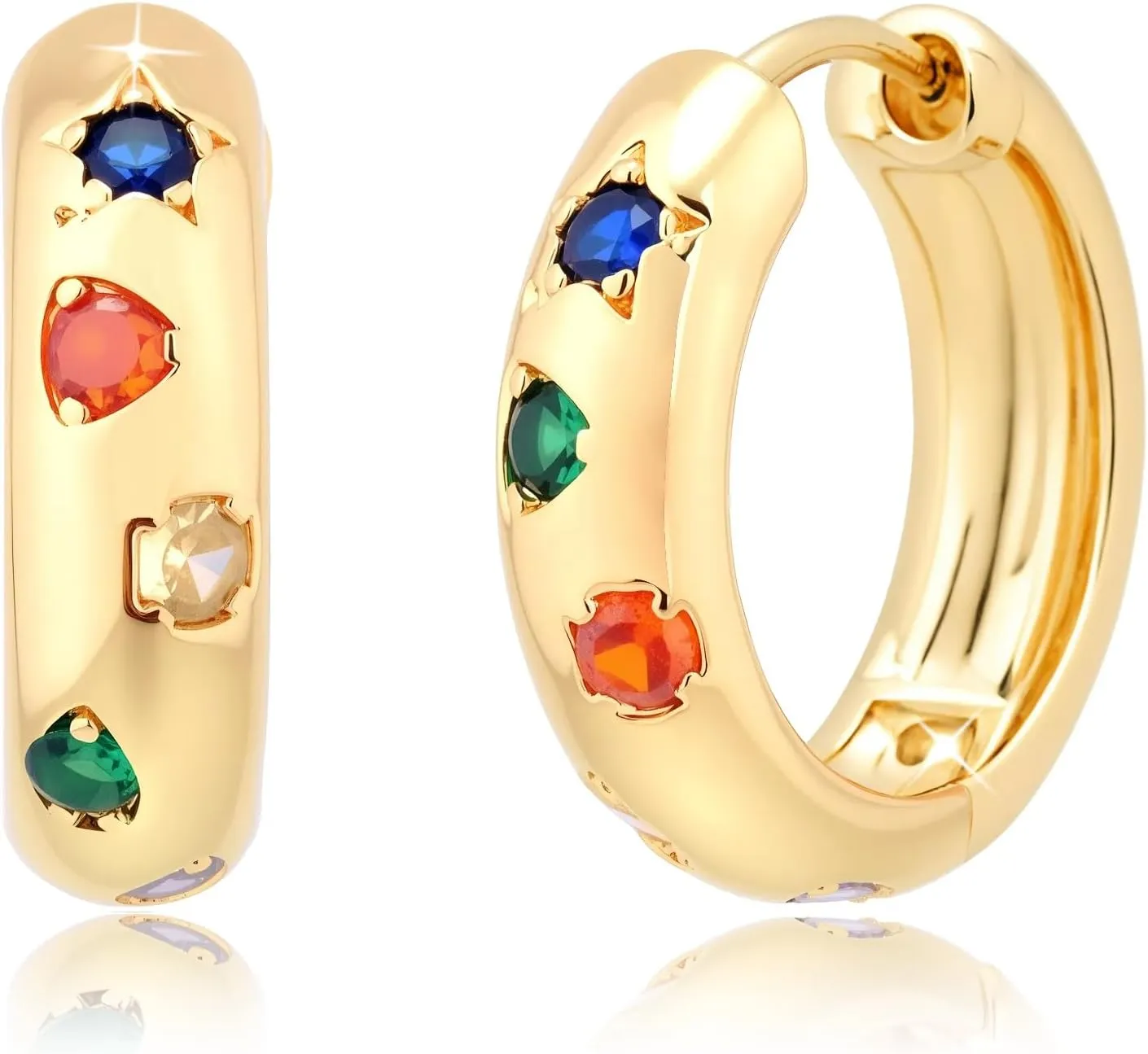 Gold and silver Hoop Earrings, Colorful Diamond Hoop Earrings with 14K Gold Plated Chunky Gold Earrings with Silver Post