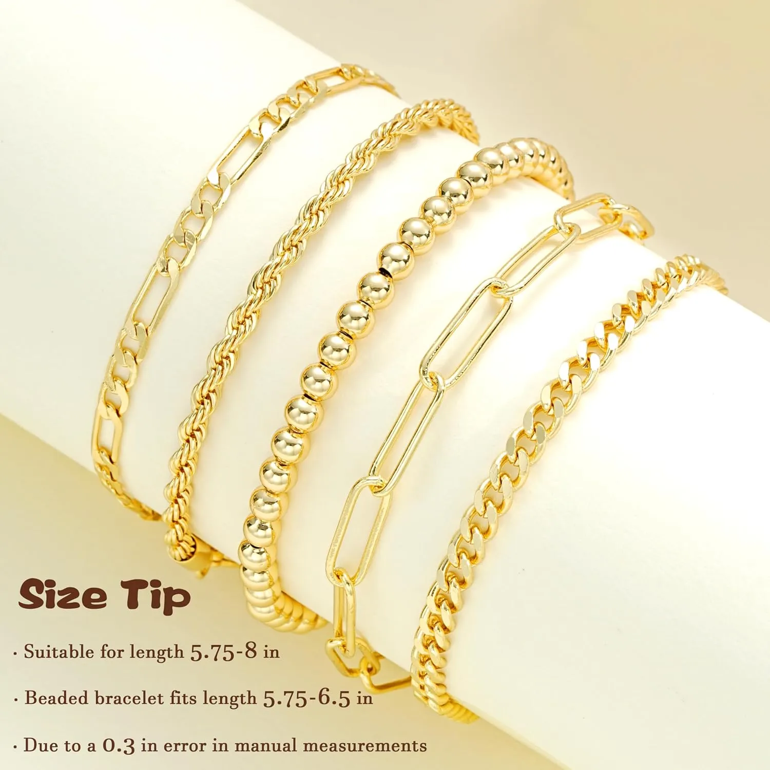 Gold Bracelets for Women, Dainty 14K Gold Plated Stackable Link, Trendy Adjustable Cuban Beaded Gold Chain Bracelet Stack Set