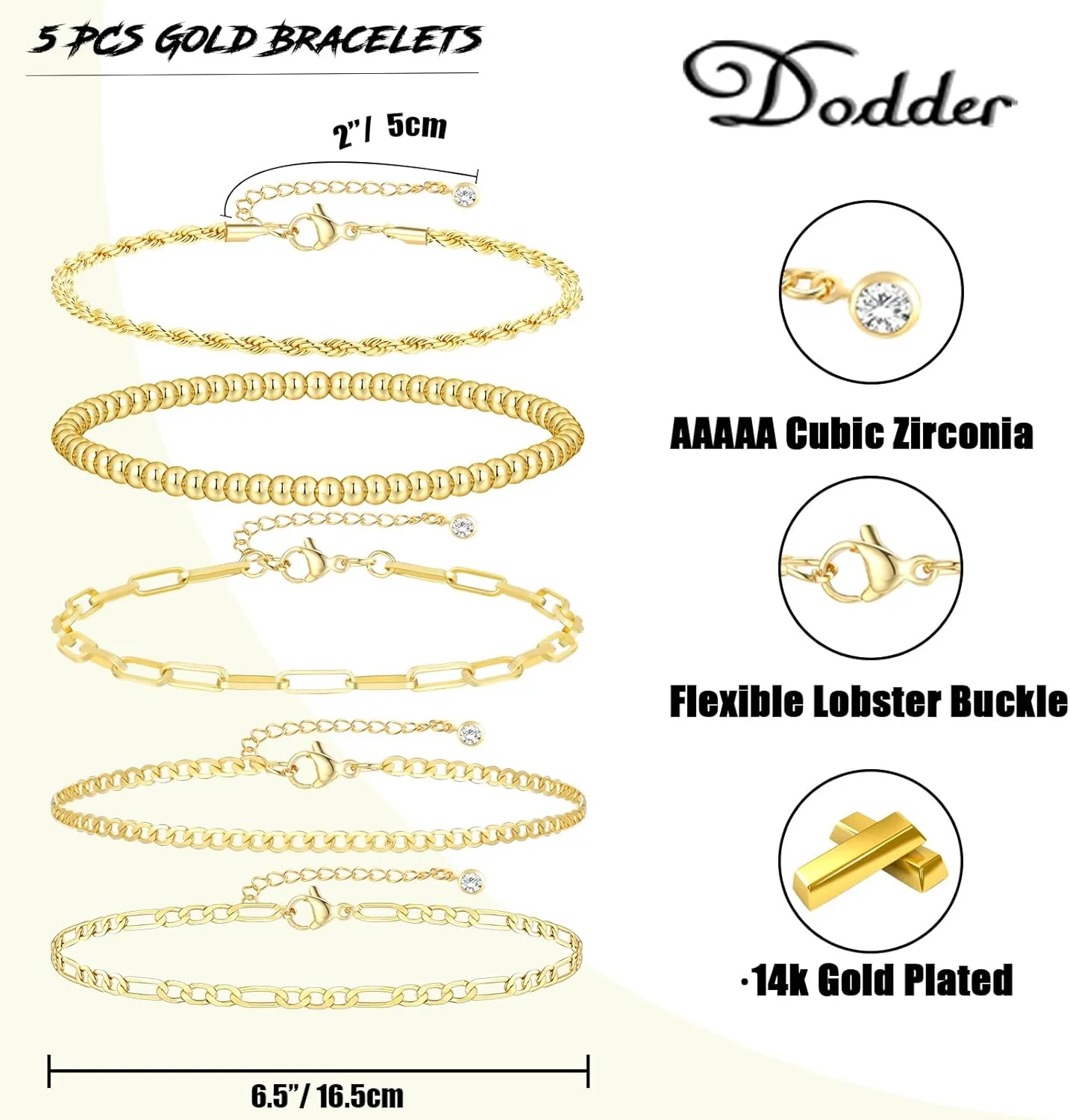 Gold Bracelets for Women, Dainty 14K Gold Plated Stackable Link, Trendy Adjustable Cuban Beaded Gold Chain Bracelet Stack Set