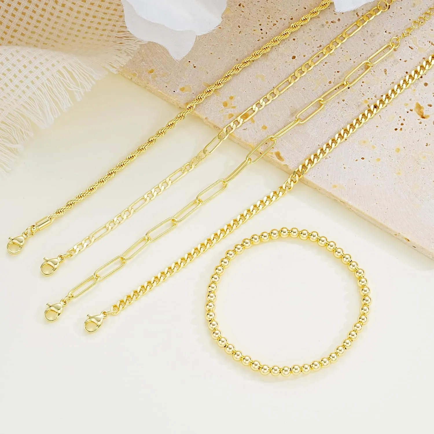 Gold Bracelets for Women, Dainty 14K Gold Plated Stackable Link, Trendy Adjustable Cuban Beaded Gold Chain Bracelet Stack Set