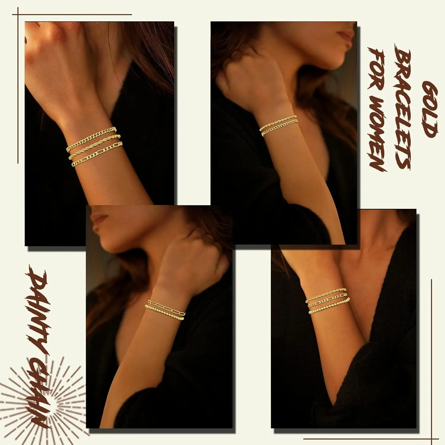 Gold Bracelets for Women, Dainty 14K Gold Plated Stackable Link, Trendy Adjustable Cuban Beaded Gold Chain Bracelet Stack Set