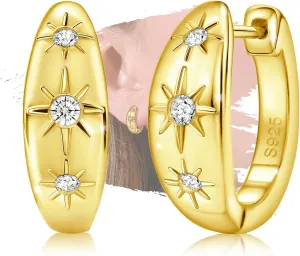 Gold Chunky Hoop Earrings - Sterling Silver Hypoallergenic Cubic Zirconia Huggie Round Earrings Dainty Chunky Earrings for Sensitive Ears for Women