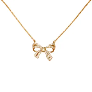 Gold colored bow pendant. Faux diamond. Teenage girls gift idea. Dainty bow necklace. Bow pendant. Minimalist bow pendant. Holiday gift idea.