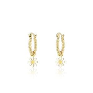 Gold coloured hoop earrings with a flower charm