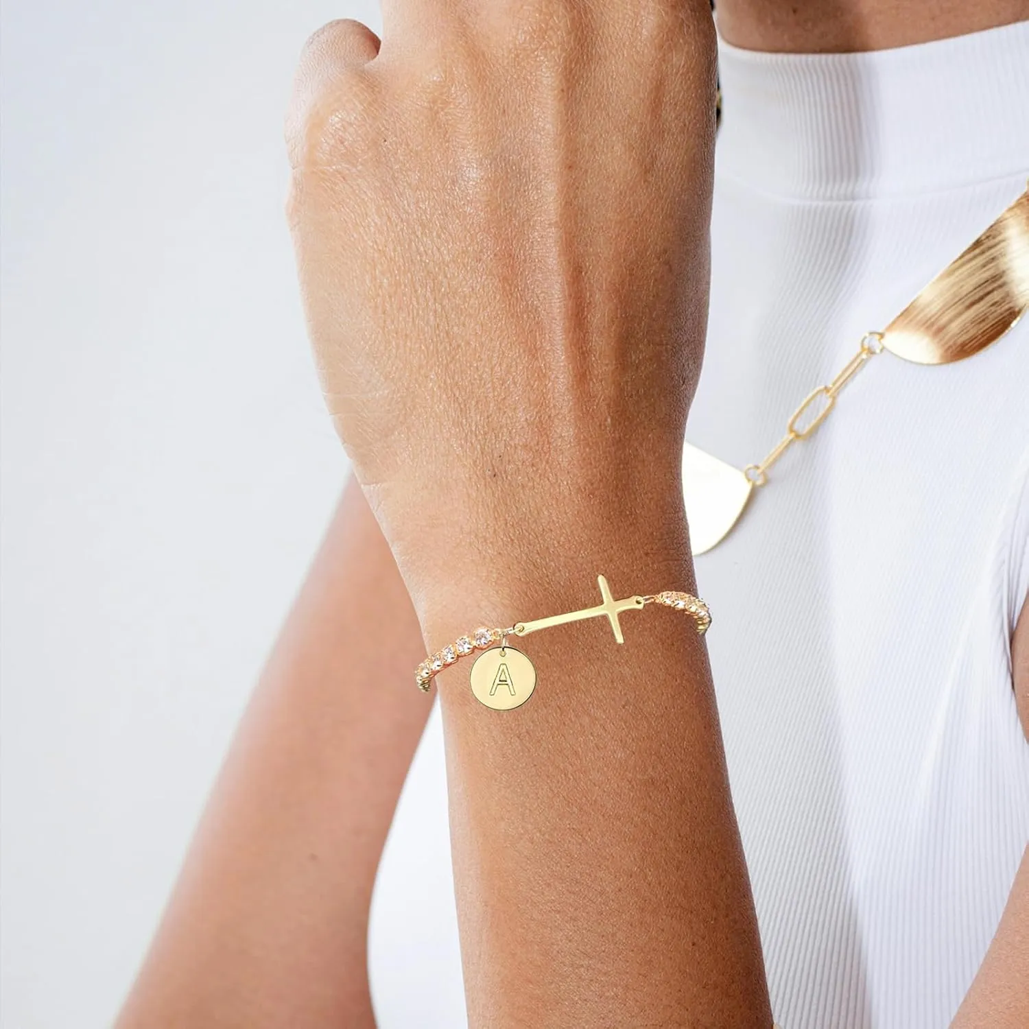 Gold Cross Bracelets for Women Mothers Day Gifts 14K Gold Plated 3mm Cubic Zirconia Classic Tennis Bracelet Dainty Initial Bracelet Letter A-Z Charm for Women Trendy Jewelry Gifts