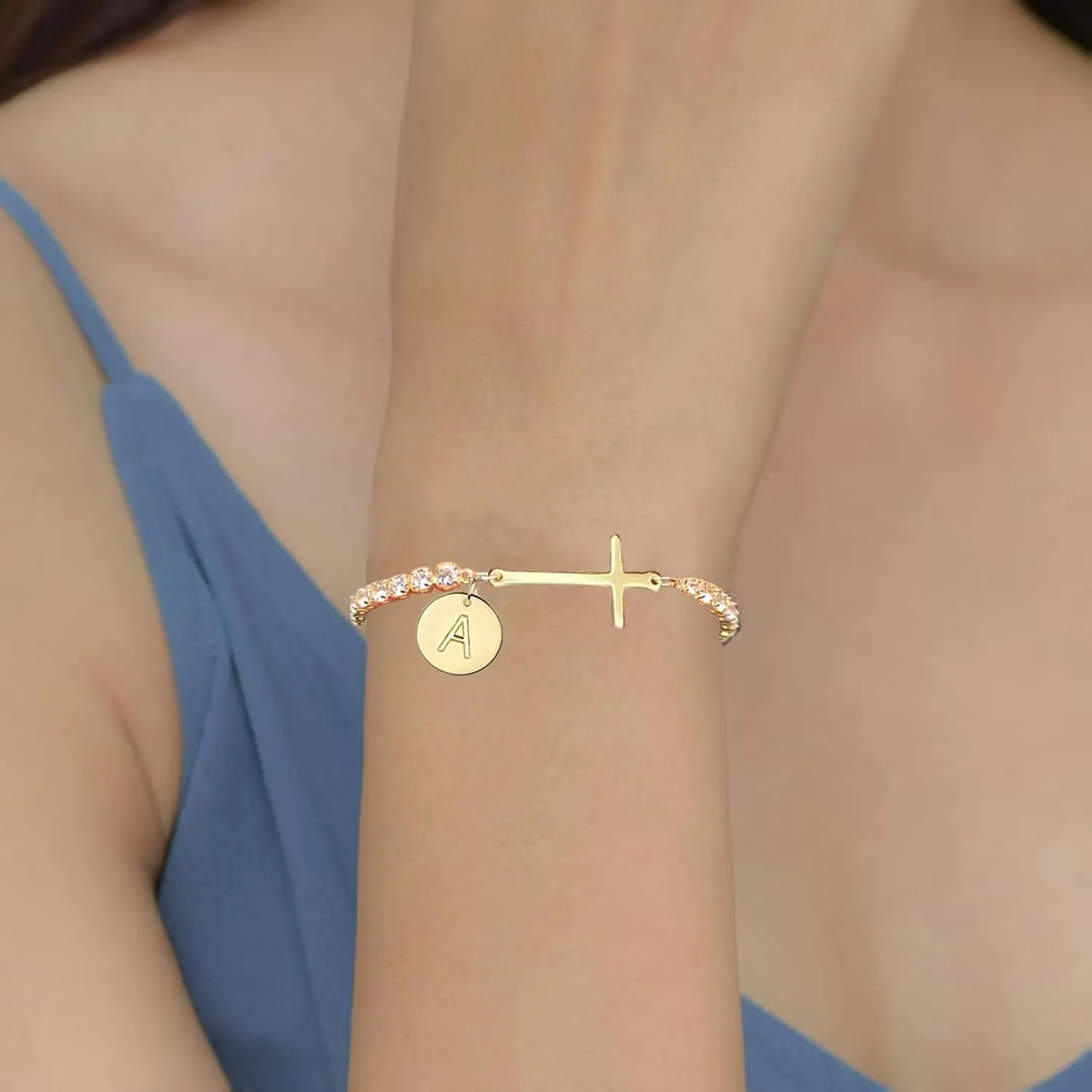 Gold Cross Bracelets for Women Mothers Day Gifts 14K Gold Plated 3mm Cubic Zirconia Classic Tennis Bracelet Dainty Initial Bracelet Letter A-Z Charm for Women Trendy Jewelry Gifts