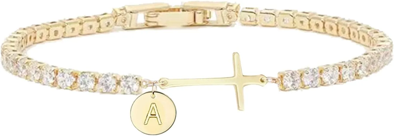 Gold Cross Bracelets for Women Mothers Day Gifts 14K Gold Plated 3mm Cubic Zirconia Classic Tennis Bracelet Dainty Initial Bracelet Letter A-Z Charm for Women Trendy Jewelry Gifts