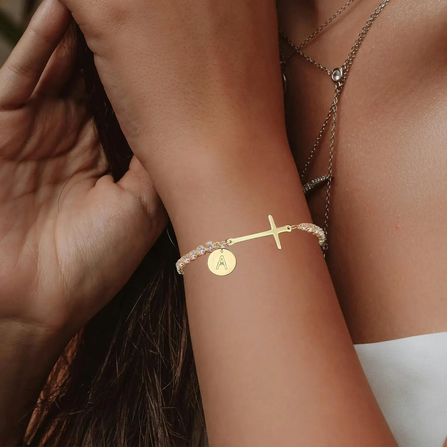 Gold Cross Bracelets for Women Mothers Day Gifts 14K Gold Plated 3mm Cubic Zirconia Classic Tennis Bracelet Dainty Initial Bracelet Letter A-Z Charm for Women Trendy Jewelry Gifts