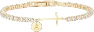 Gold Cross Bracelets for Women Mothers Day Gifts 14K Gold Plated 3mm Cubic Zirconia Classic Tennis Bracelet Dainty Initial Bracelet Letter A-Z Charm for Women Trendy Jewelry Gifts