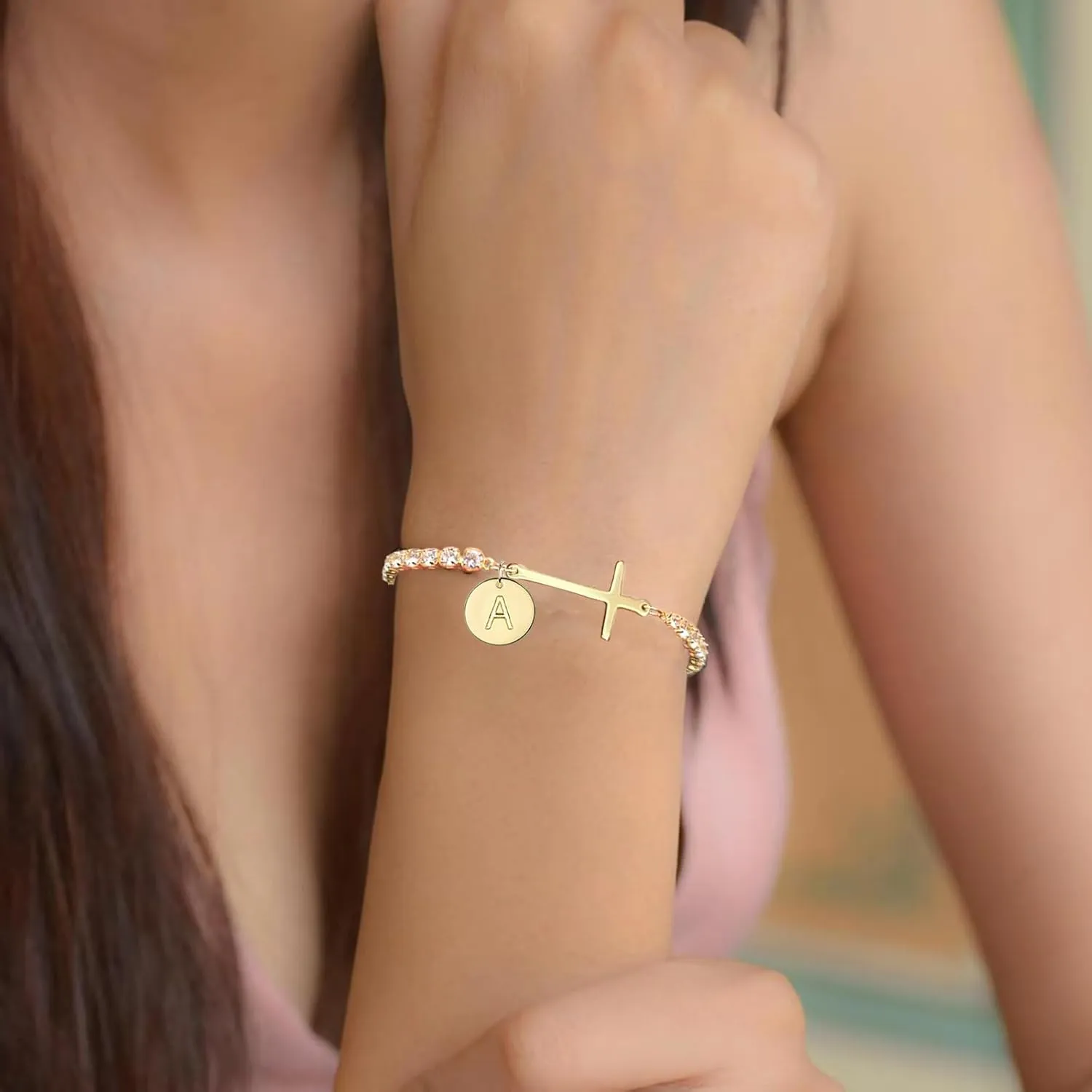 Gold Cross Bracelets for Women Mothers Day Gifts 14K Gold Plated 3mm Cubic Zirconia Classic Tennis Bracelet Dainty Initial Bracelet Letter A-Z Charm for Women Trendy Jewelry Gifts