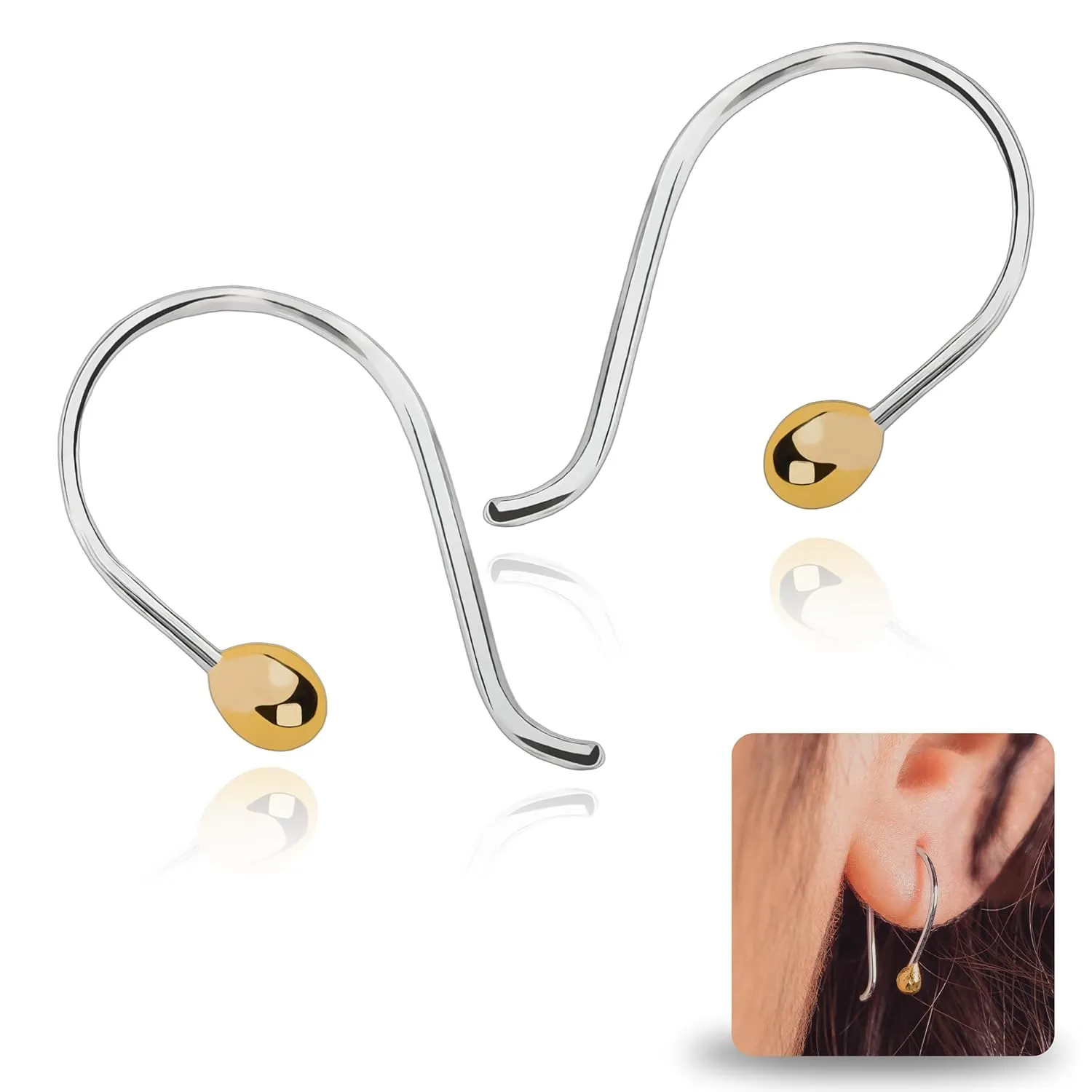 Gold Dot Pull Through Earrings | Small Hook Threader Drop Wire Hoop, Mixed Metal Sterling Silver & 14K Gold | Modern Minimalist Everyday Jewelry