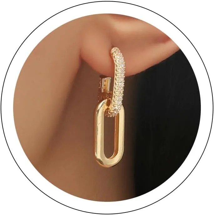 Gold Hoop Paperclip Earrings Chunky Convertible Link Earrings Minimalist CZ Geometric Rectangle Dangle Earring Huggie Gold Statement Earrings Prom Jewelry for Women