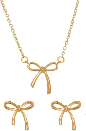 Gold Necklace Earrings Jewelry Set, Dainty Bow Pendant Choker Stud Earrings, Minimalist Cute Small Tiny Trendy Gold Jewelry Gift for Women