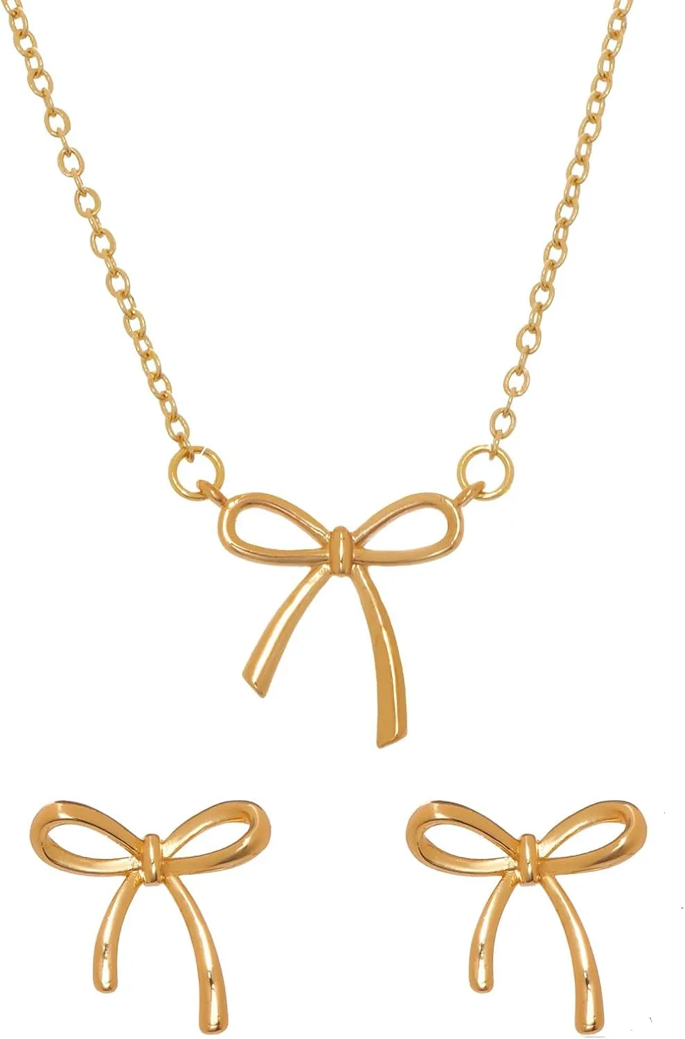 Gold Necklace Earrings Jewelry Set, Dainty Bow Pendant Choker Stud Earrings, Minimalist Cute Small Tiny Trendy Gold Jewelry Gift for Women