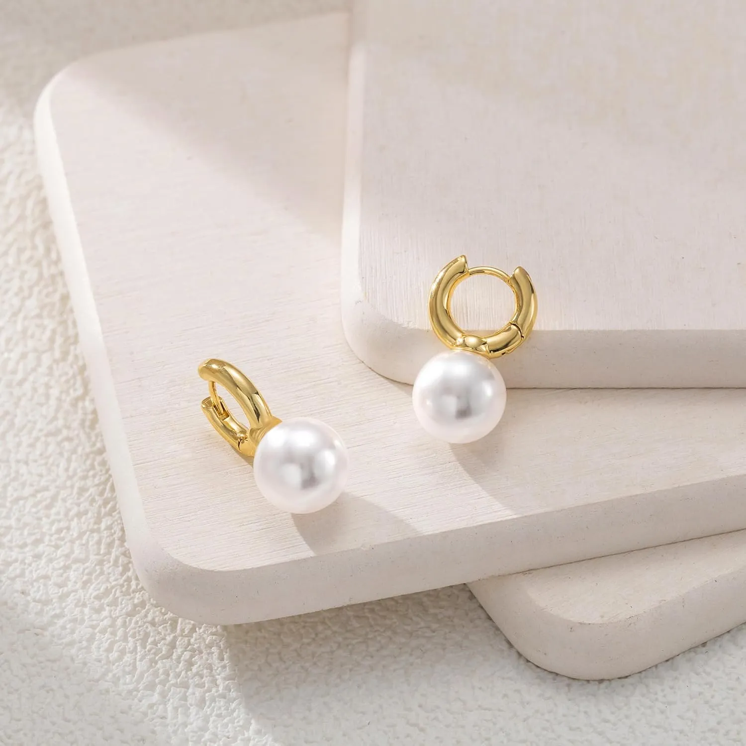 Gold Pearl Dangle Earrings for Women, Trendy 14K Gold Plated Hoop Earrings Dainty Pearl Drop Tiny Hoop Stud Earrings Cute Simple Gold Hypoallergenic Lightweight Jewelry Gifts for Women