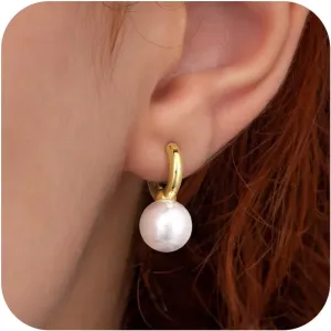 Gold Pearl Dangle Earrings for Women, Trendy 14K Gold Plated Hoop Earrings Dainty Pearl Drop Tiny Hoop Stud Earrings Cute Simple Gold Hypoallergenic Lightweight Jewelry Gifts for Women