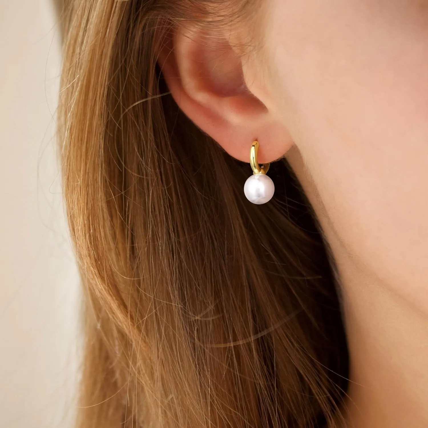 Gold Pearl Dangle Earrings for Women, Trendy 14K Gold Plated Hoop Earrings Dainty Pearl Drop Tiny Hoop Stud Earrings Cute Simple Gold Hypoallergenic Lightweight Jewelry Gifts for Women