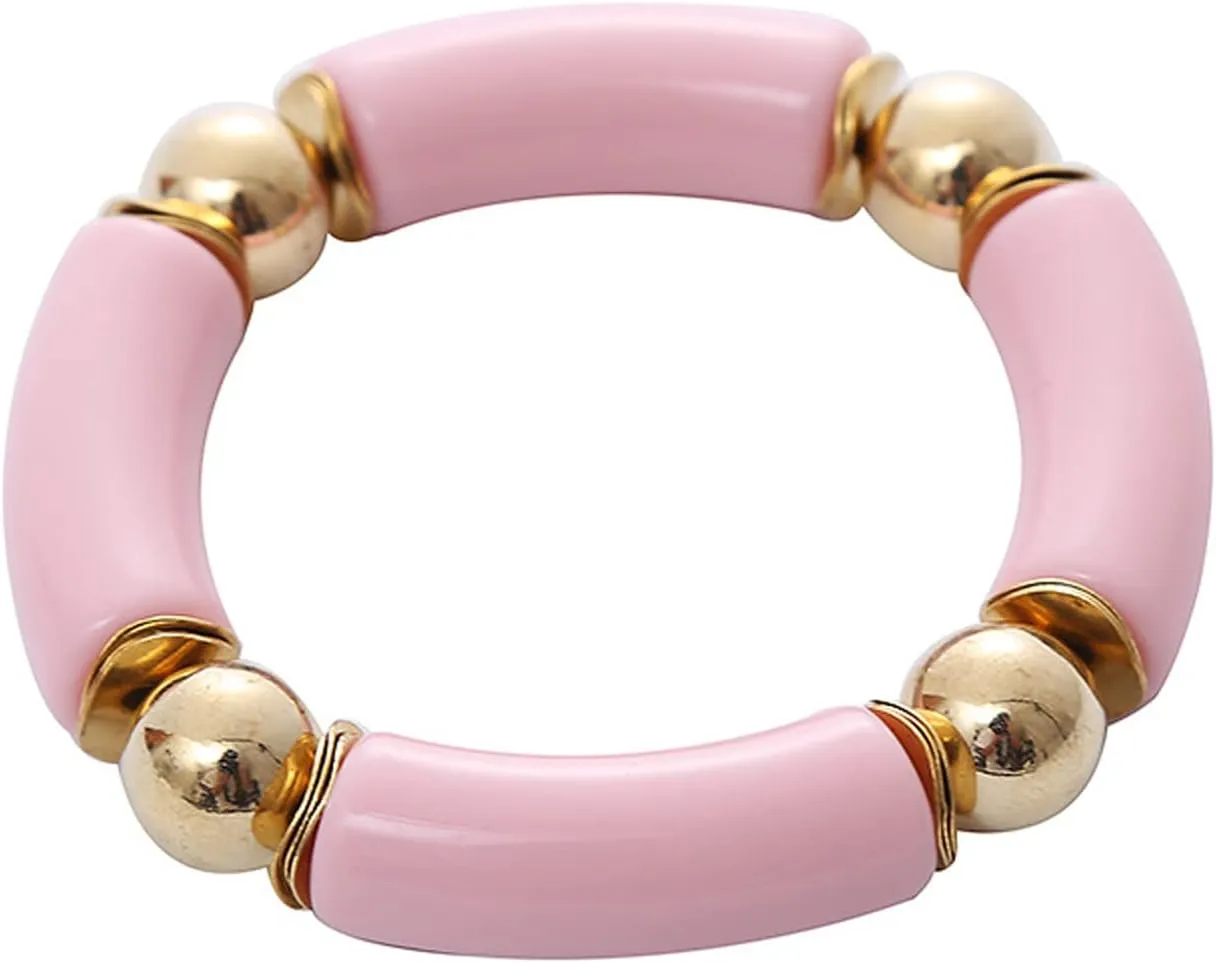 Gold Plated Beaded Acrylic Bamboo Tube Bangle Bracelets Colorful Summer Beach Chunky Curved Tube Stretch Bracelet for Women Stacking Friendship Jewelry