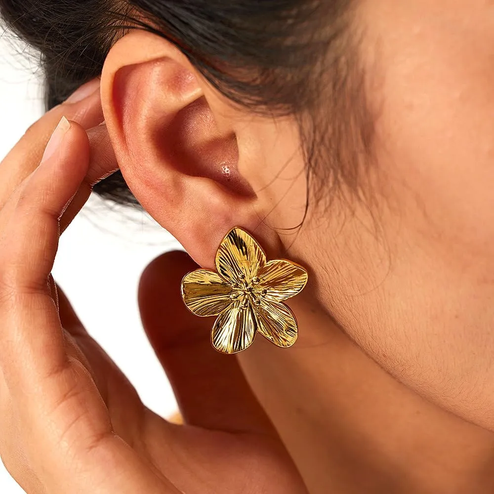 Gold Plated Chunky Flower Earrings for Women,Irregular Silver Geometric Large Metal Floral Stud Earrings,Trendy Statement Jewelry Gifts