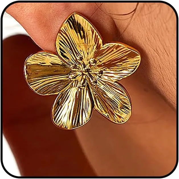 Gold Plated Chunky Flower Earrings for Women,Irregular Silver Geometric Large Metal Floral Stud Earrings,Trendy Statement Jewelry Gifts