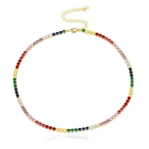 Gold Plated Rainbow AAA Cubic Zirconia Tennis Chain Necklace Choker