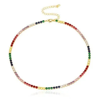 Gold Plated Rainbow AAA Cubic Zirconia Tennis Chain Necklace Choker